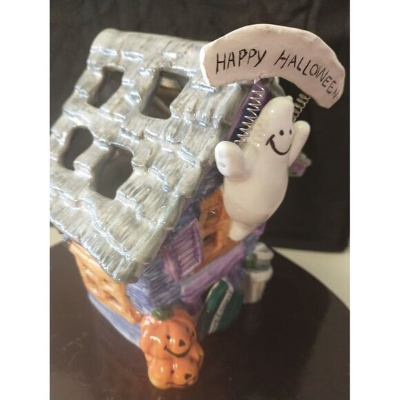 Ceramic Haunted House Votive Holder With Ghosts & Pumpkins - Picture 2 of 7